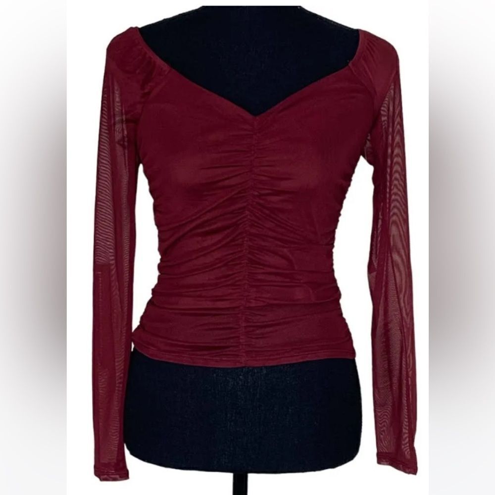Crave Fame Juniors' Ruched-Front Mesh-Sleeve Top - Brandy Port - Size XS NWT